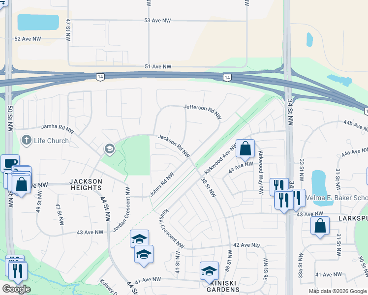 map of restaurants, bars, coffee shops, grocery stores, and more near 503 Jellett Way Northwest in Edmonton
