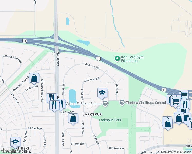 map of restaurants, bars, coffee shops, grocery stores, and more near 4432 29 Street Northwest in Edmonton