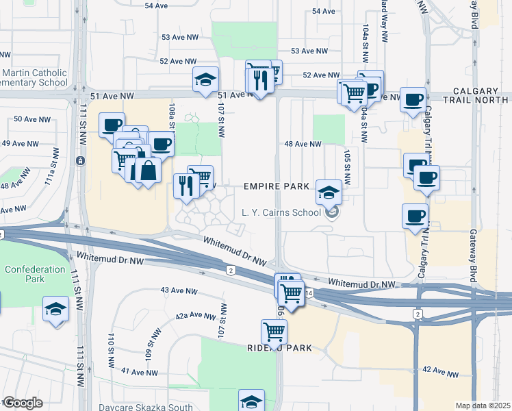 map of restaurants, bars, coffee shops, grocery stores, and more near 10615 47 Avenue Northwest in Edmonton