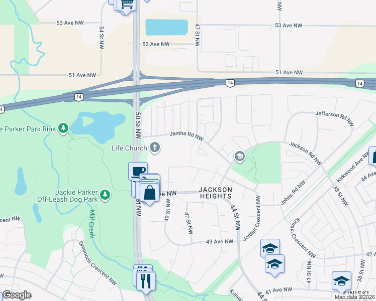 map of restaurants, bars, coffee shops, grocery stores, and more near 1665 Jamha Road Northwest in Edmonton