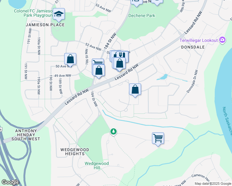 map of restaurants, bars, coffee shops, grocery stores, and more near 18333 Lessard Road Northwest in Edmonton