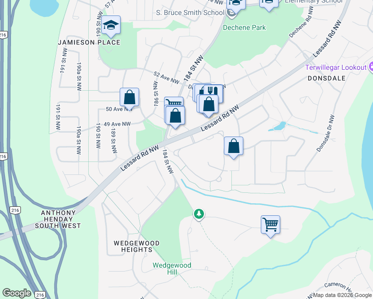 map of restaurants, bars, coffee shops, grocery stores, and more near 18343 Lessard Road Northwest in Edmonton