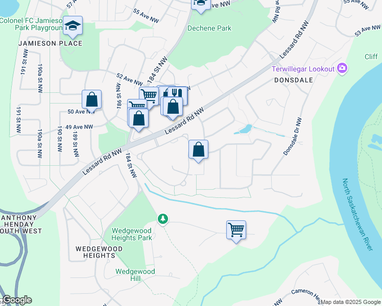 map of restaurants, bars, coffee shops, grocery stores, and more near 18343 Lessard Road Northwest in Edmonton