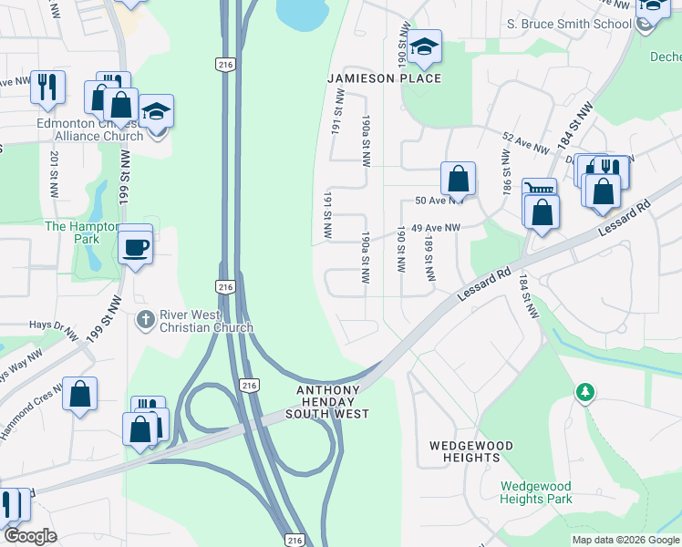 map of restaurants, bars, coffee shops, grocery stores, and more near 4628 191 Street Northwest in Edmonton