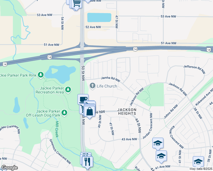 map of restaurants, bars, coffee shops, grocery stores, and more near 1671 Jamha Road Northwest in Edmonton
