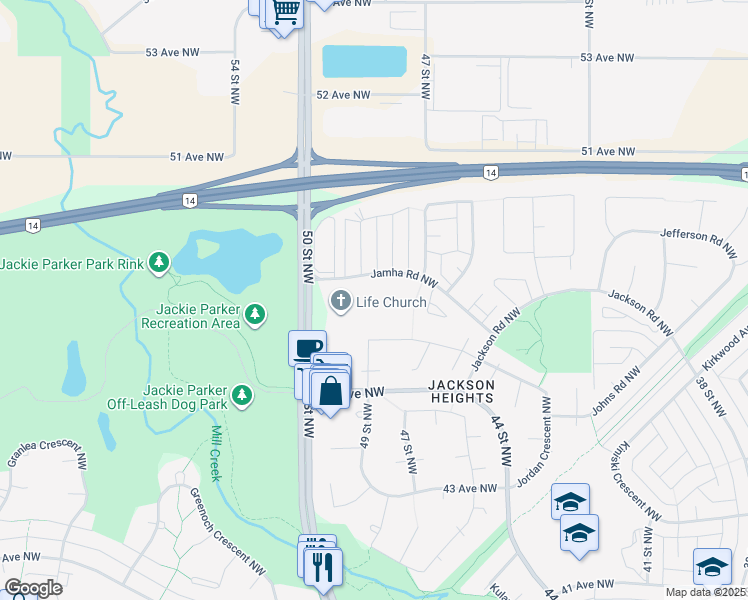 map of restaurants, bars, coffee shops, grocery stores, and more near 1671 Jamha Road Northwest in Edmonton