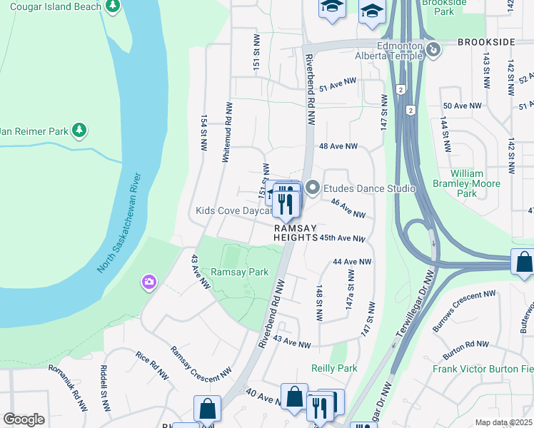 map of restaurants, bars, coffee shops, grocery stores, and more near 14907b 45th Avenue Northwest in Edmonton