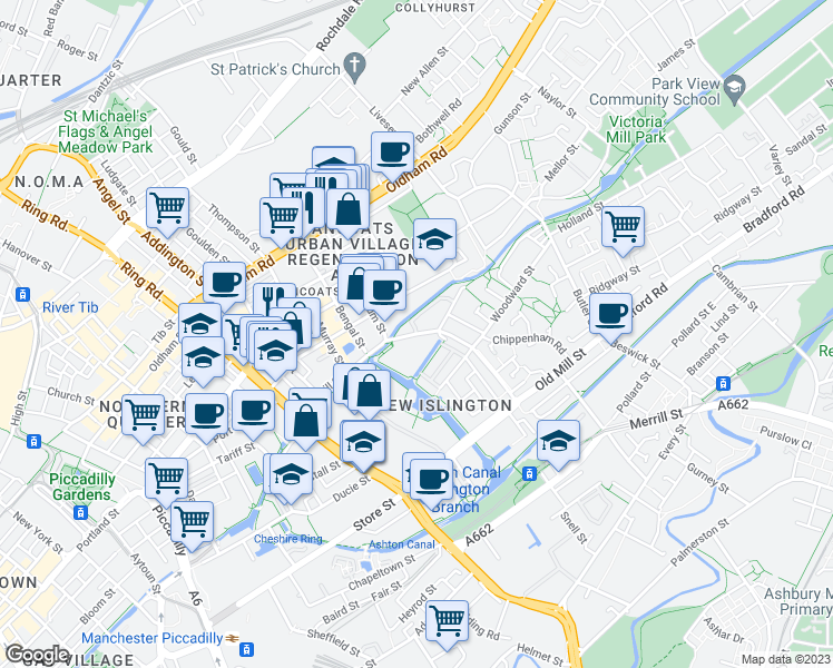 map of restaurants, bars, coffee shops, grocery stores, and more near New Union Street in Greater Manchester