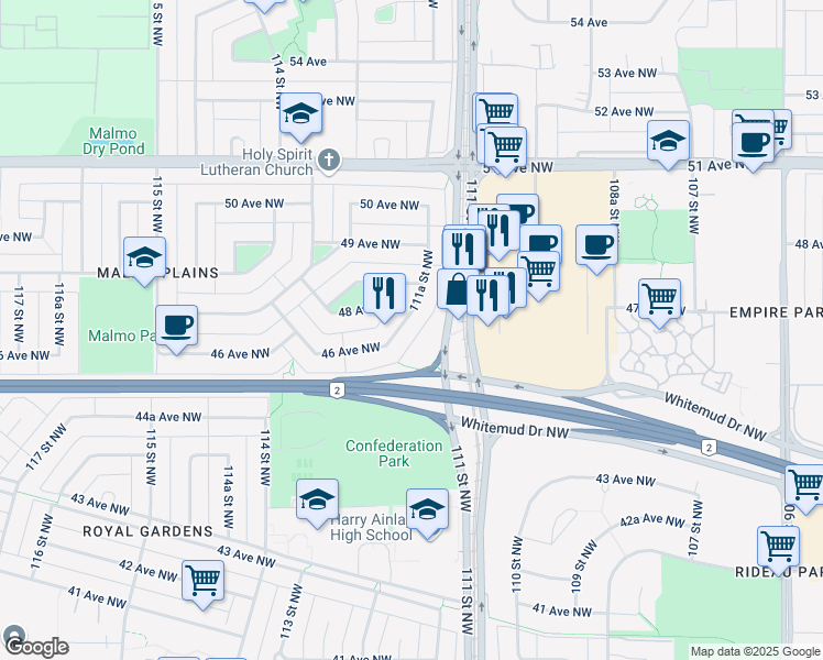map of restaurants, bars, coffee shops, grocery stores, and more near 4615 111A Street Northwest in Edmonton