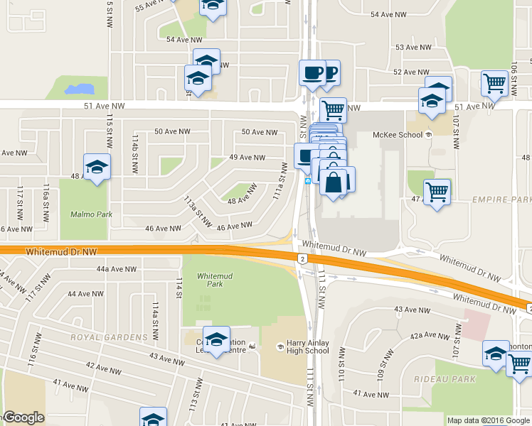 map of restaurants, bars, coffee shops, grocery stores, and more near 4615 111A Street Northwest in Edmonton