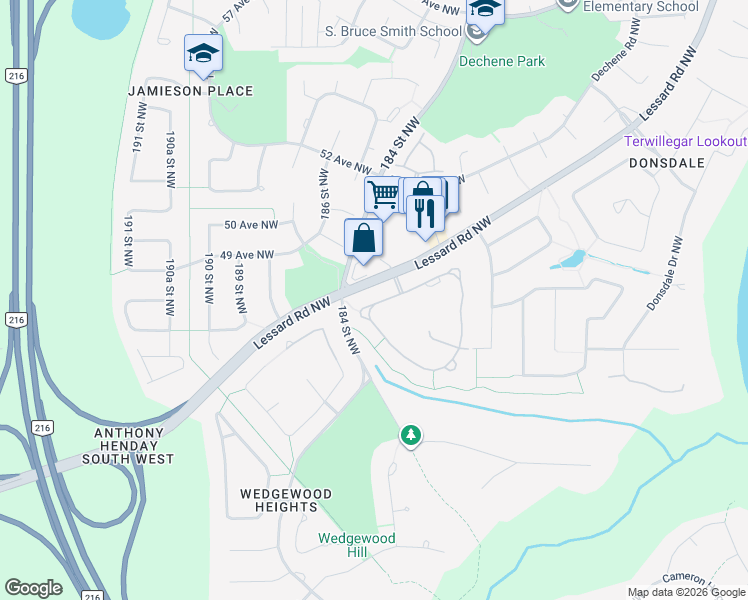 map of restaurants, bars, coffee shops, grocery stores, and more near 18343 Lessard Road Northwest in Edmonton