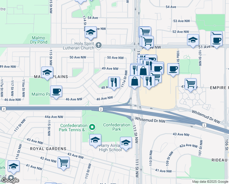 map of restaurants, bars, coffee shops, grocery stores, and more near 4612 111A Street Northwest in Edmonton
