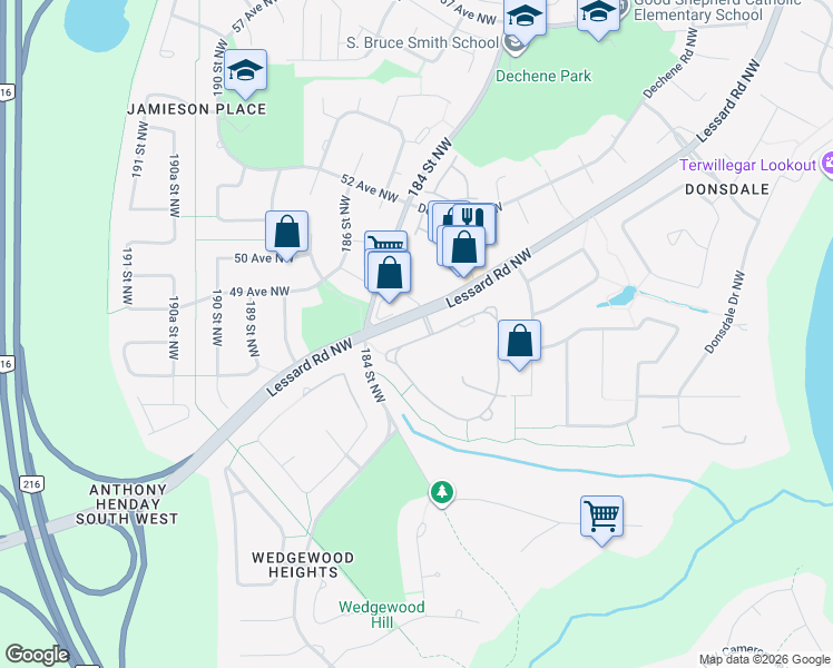 map of restaurants, bars, coffee shops, grocery stores, and more near 18343 Lessard Road Northwest in Edmonton
