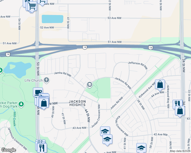 map of restaurants, bars, coffee shops, grocery stores, and more near 308 Jackson Road Northwest in Edmonton
