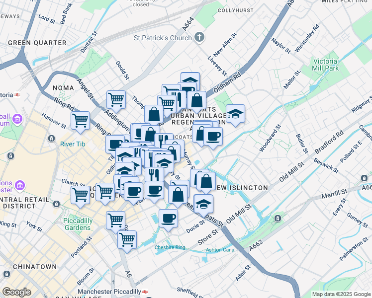 map of restaurants, bars, coffee shops, grocery stores, and more near 3 Murray Street in Greater Manchester