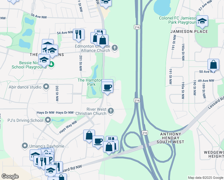 map of restaurants, bars, coffee shops, grocery stores, and more near 4635 199 Street Northwest in Edmonton