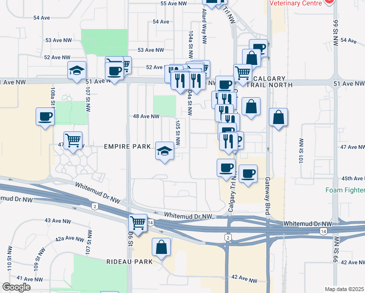 map of restaurants, bars, coffee shops, grocery stores, and more near 27 104A Street Northwest in Edmonton