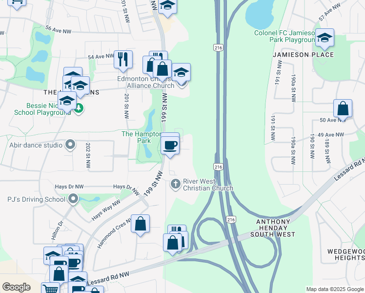 map of restaurants, bars, coffee shops, grocery stores, and more near 4627 199 Street Northwest in Edmonton