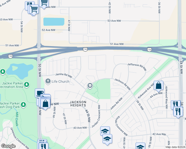 map of restaurants, bars, coffee shops, grocery stores, and more near 308 Jackson Road Northwest in Edmonton