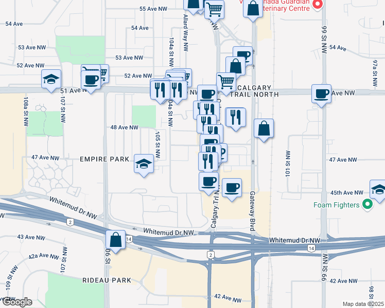map of restaurants, bars, coffee shops, grocery stores, and more near 391 Huntington Hill Northwest in Edmonton