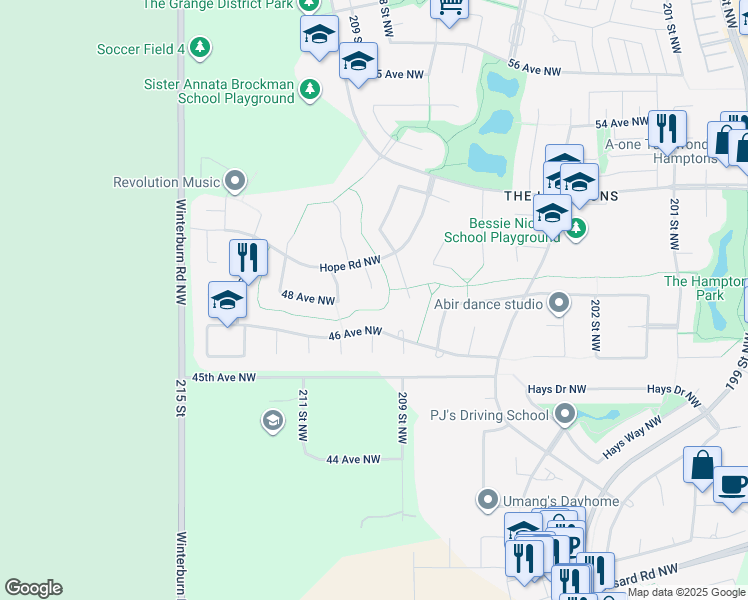 map of restaurants, bars, coffee shops, grocery stores, and more near 4814 209A Street Northwest in Edmonton