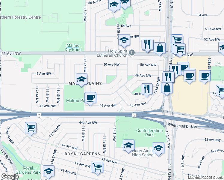 map of restaurants, bars, coffee shops, grocery stores, and more near 11304 Malmo Road Northwest in Edmonton