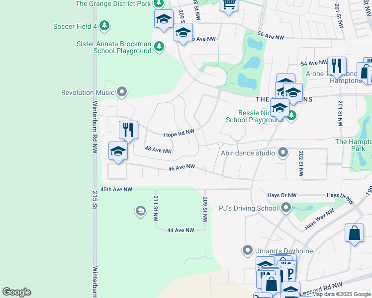 map of restaurants, bars, coffee shops, grocery stores, and more near 4814 209A Street Northwest in Edmonton