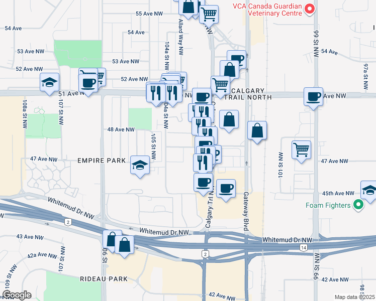 map of restaurants, bars, coffee shops, grocery stores, and more near 189 Huntington Hill Northwest in Edmonton