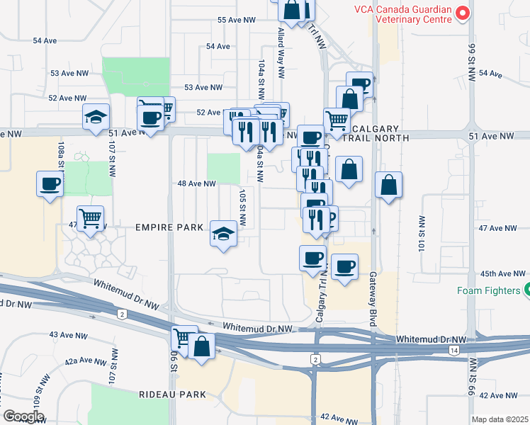 map of restaurants, bars, coffee shops, grocery stores, and more near 27 104A Street Northwest in Edmonton