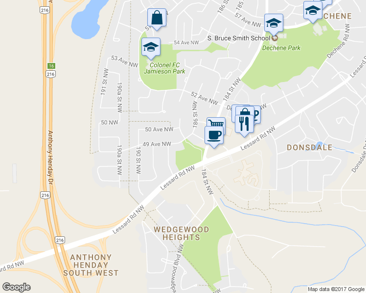 map of restaurants, bars, coffee shops, grocery stores, and more near 18715 49 Avenue Northwest in Edmonton