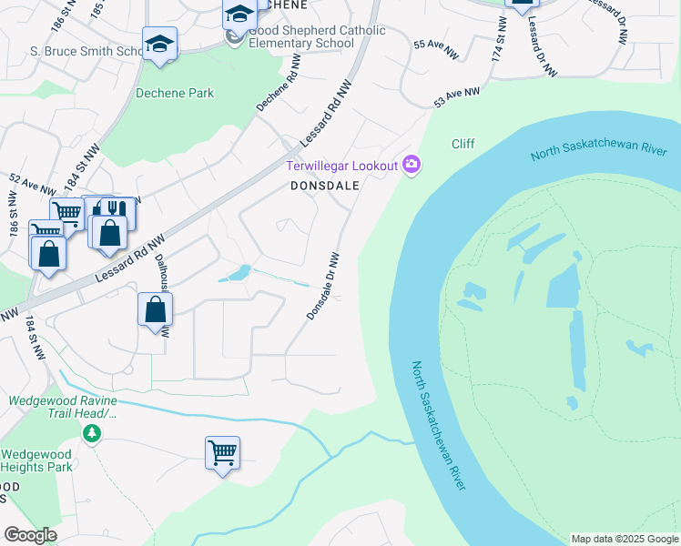 map of restaurants, bars, coffee shops, grocery stores, and more near 4705 Donsdale Drive Northwest in Edmonton