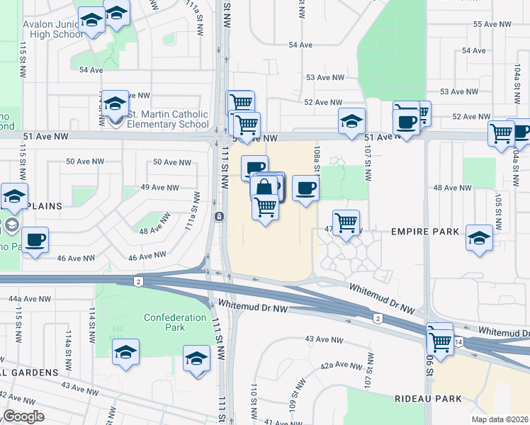 map of restaurants, bars, coffee shops, grocery stores, and more near 5015 111 Street Northwest in Edmonton