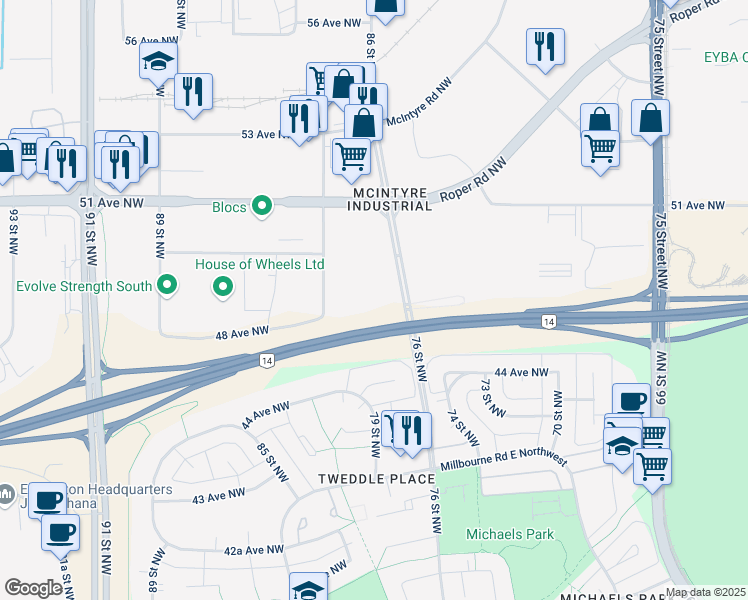 map of restaurants, bars, coffee shops, grocery stores, and more near 4811 87 Street Northwest in Edmonton