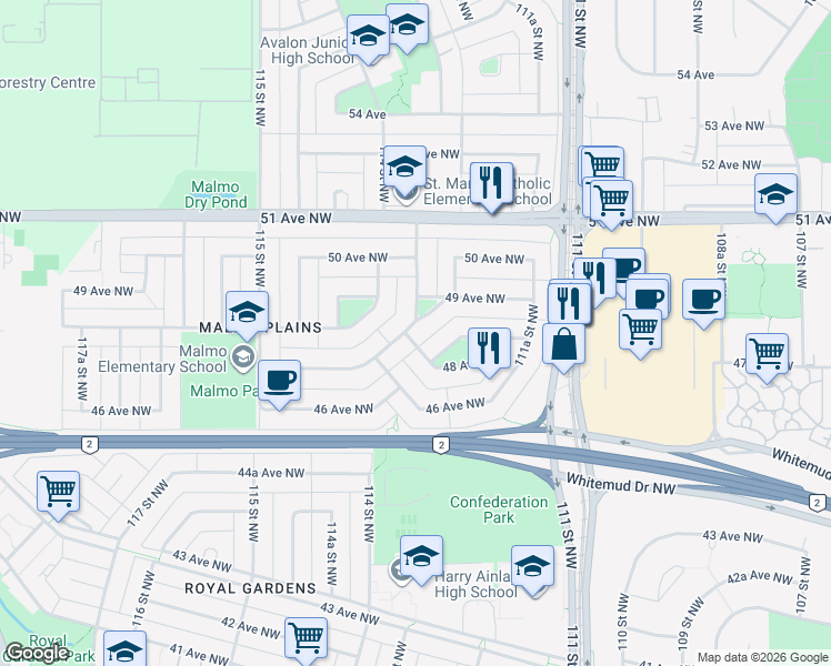 map of restaurants, bars, coffee shops, grocery stores, and more near 4803 Malmo Road Northwest in Edmonton