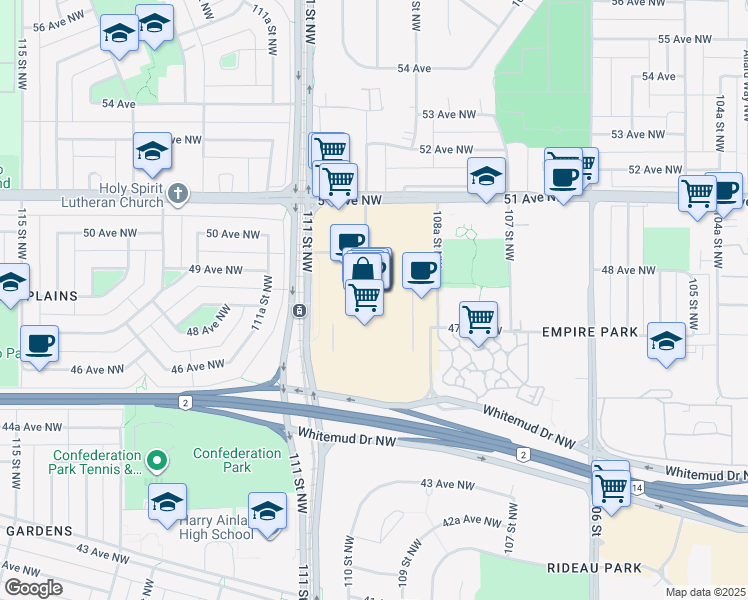 map of restaurants, bars, coffee shops, grocery stores, and more near 11100 51 Street Northwest in Edmonton