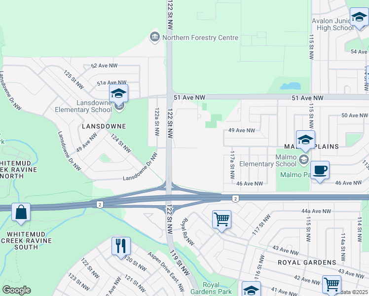 map of restaurants, bars, coffee shops, grocery stores, and more near 122 48 Avenue Northwest in Edmonton