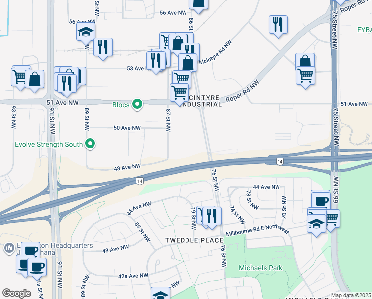 map of restaurants, bars, coffee shops, grocery stores, and more near 4704 86 Street Northwest in Edmonton