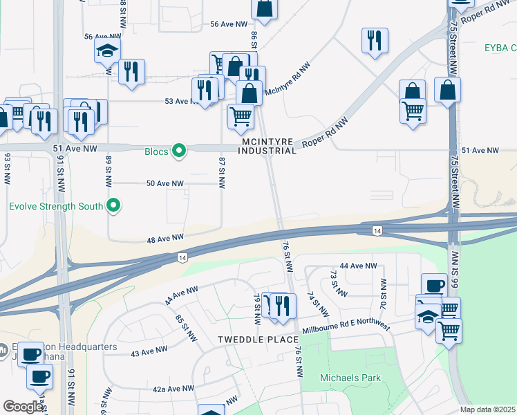 map of restaurants, bars, coffee shops, grocery stores, and more near 4704 86 Street Northwest in Edmonton