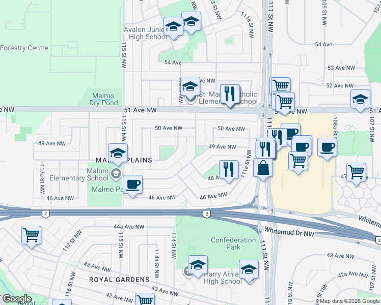 map of restaurants, bars, coffee shops, grocery stores, and more near 4803 Malmo Road Northwest in Edmonton