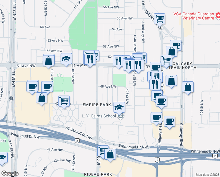 map of restaurants, bars, coffee shops, grocery stores, and more near in Edmonton