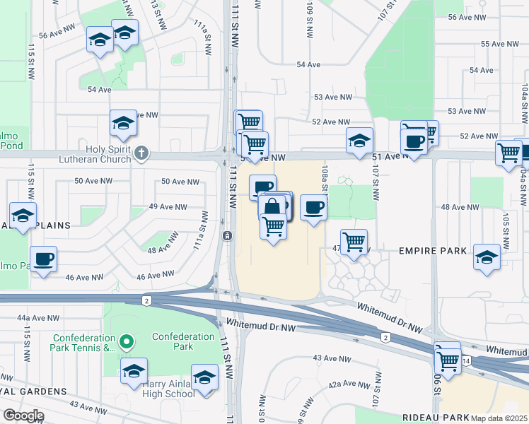 map of restaurants, bars, coffee shops, grocery stores, and more near 5015 111 Street Northwest in Edmonton