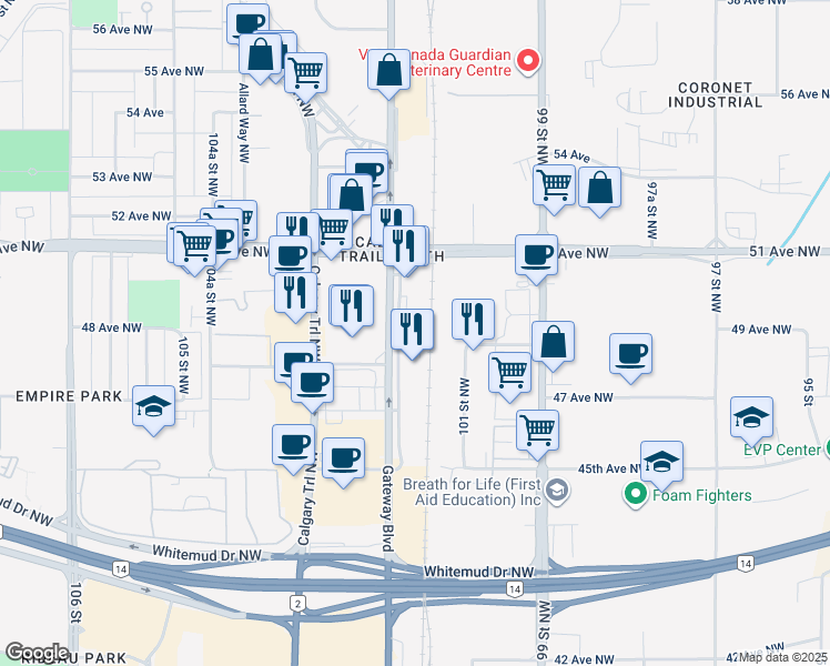 map of restaurants, bars, coffee shops, grocery stores, and more near 5019 Gateway Boulevard Northwest in Edmonton