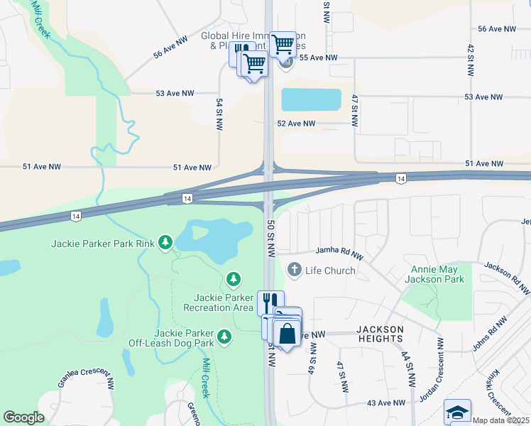 map of restaurants, bars, coffee shops, grocery stores, and more near 5024 50 Street Northwest in Edmonton