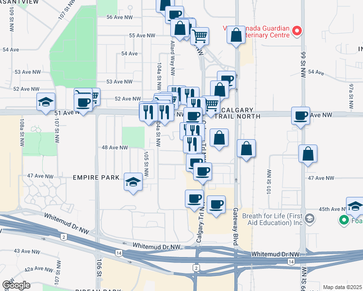 map of restaurants, bars, coffee shops, grocery stores, and more near in Edmonton