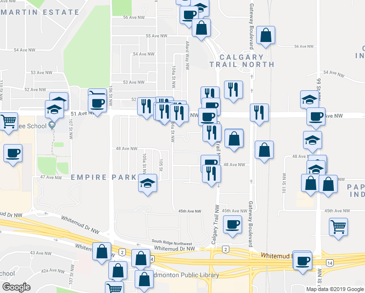 map of restaurants, bars, coffee shops, grocery stores, and more near in Edmonton