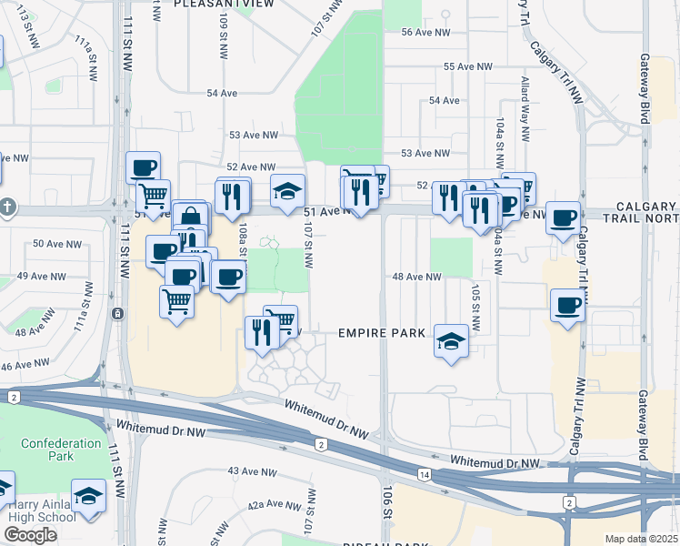 map of restaurants, bars, coffee shops, grocery stores, and more near 4863 106 Street in Edmonton
