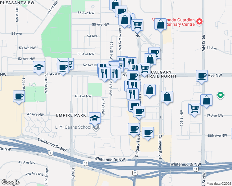 map of restaurants, bars, coffee shops, grocery stores, and more near in Edmonton
