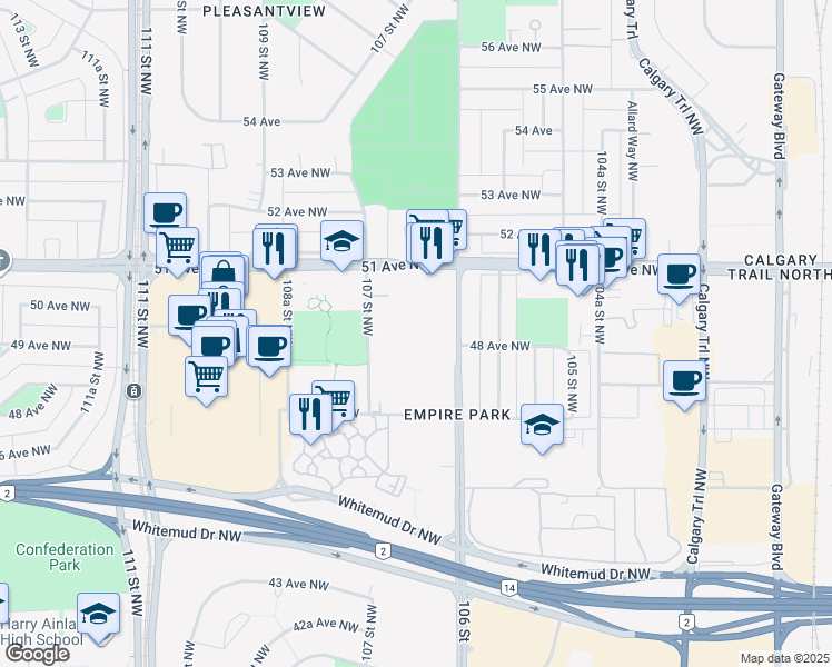 map of restaurants, bars, coffee shops, grocery stores, and more near 4863 106 Street in Edmonton