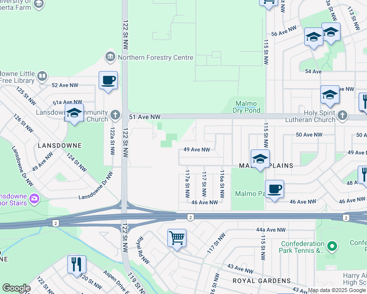 map of restaurants, bars, coffee shops, grocery stores, and more near 11746 49 Avenue Northwest in Edmonton