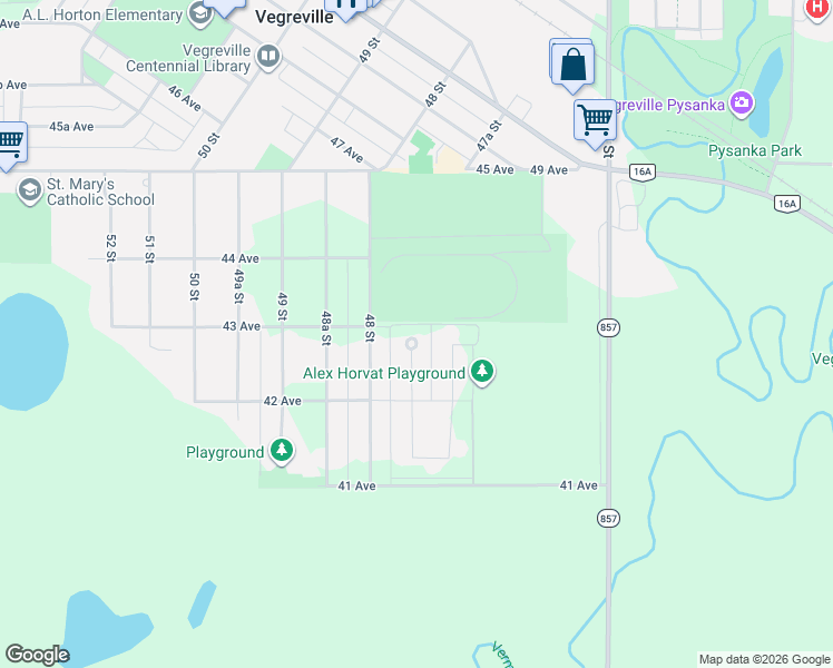 map of restaurants, bars, coffee shops, grocery stores, and more near 4233 47 Street in Vegreville